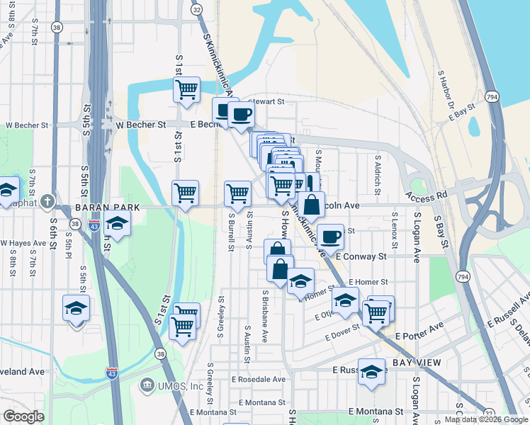 map of restaurants, bars, coffee shops, grocery stores, and more near 2342 South Austin Street in Milwaukee