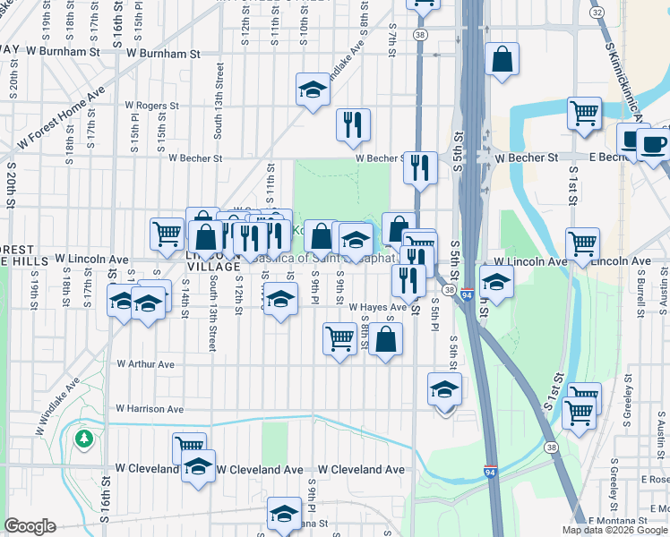 map of restaurants, bars, coffee shops, grocery stores, and more near 2339 South 9th Street in Milwaukee