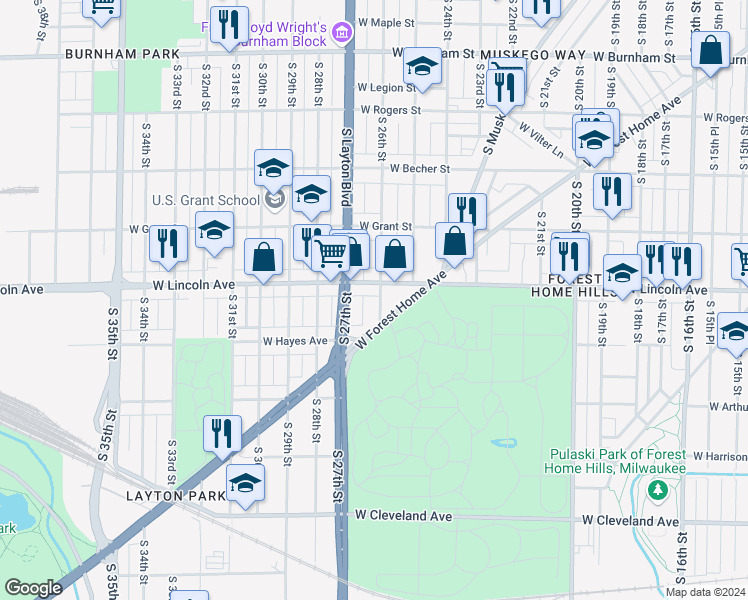map of restaurants, bars, coffee shops, grocery stores, and more near 2558 West Forest Home Avenue in Milwaukee
