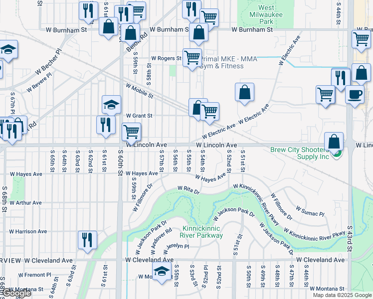 map of restaurants, bars, coffee shops, grocery stores, and more near 2334 South 56th Street in West Allis