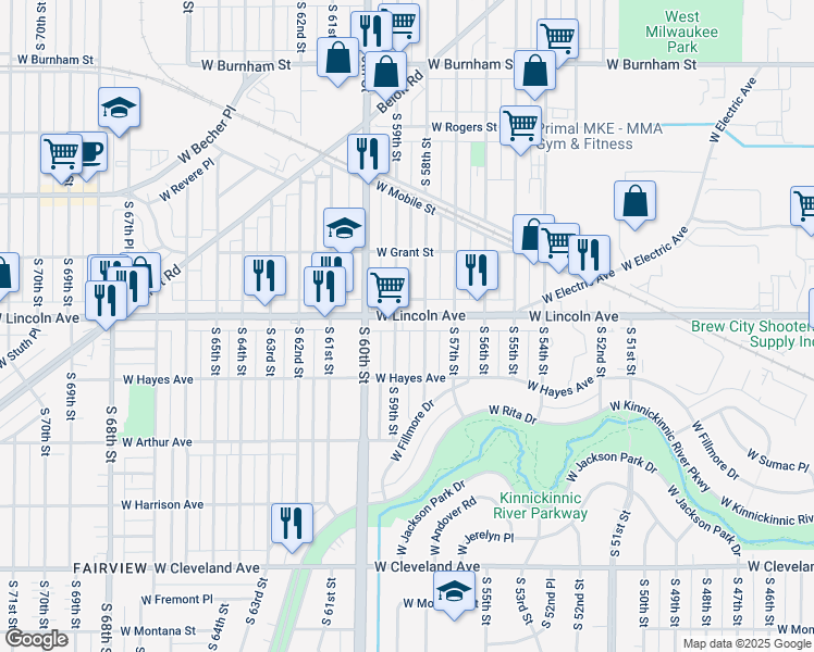 map of restaurants, bars, coffee shops, grocery stores, and more near 2341 South 58th Street in West Allis