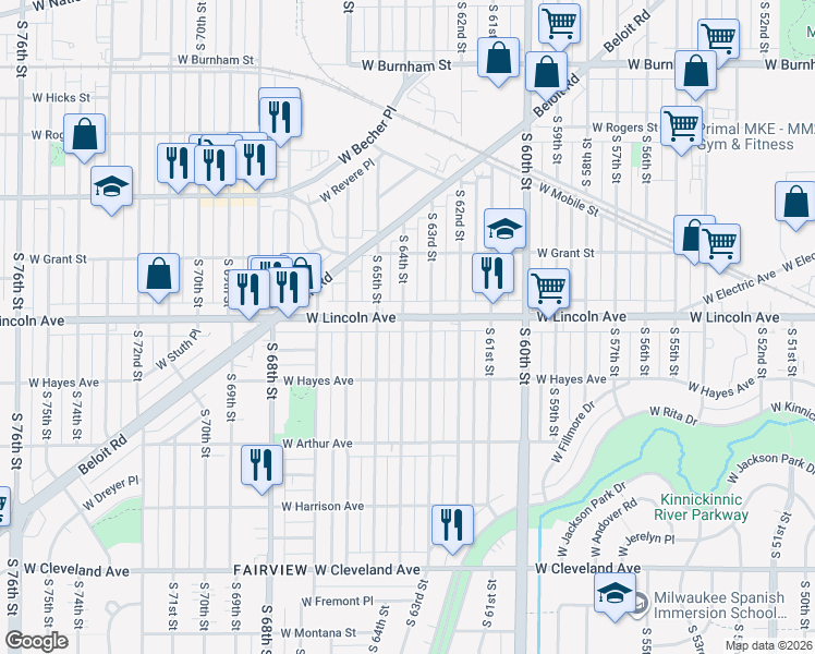 map of restaurants, bars, coffee shops, grocery stores, and more near 2339 South 63rd Street in West Allis