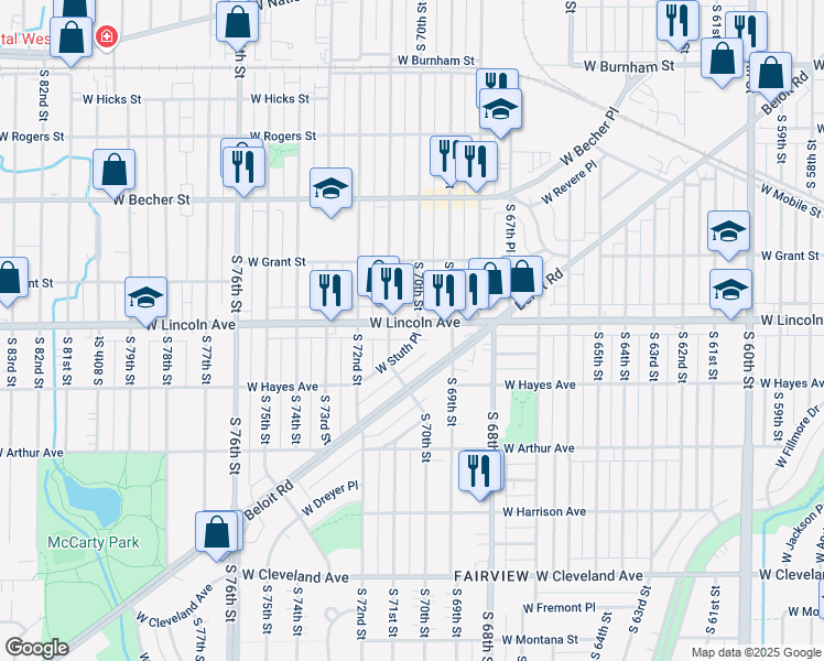 map of restaurants, bars, coffee shops, grocery stores, and more near 7035 West Stuth Place in West Allis