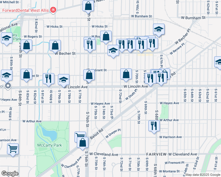 map of restaurants, bars, coffee shops, grocery stores, and more near 2336 South 73rd Street in West Allis