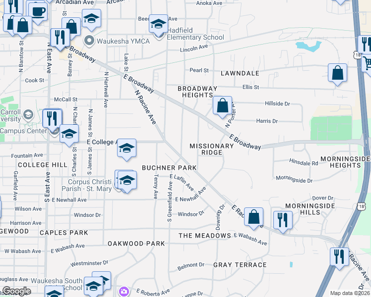map of restaurants, bars, coffee shops, grocery stores, and more near in Waukesha