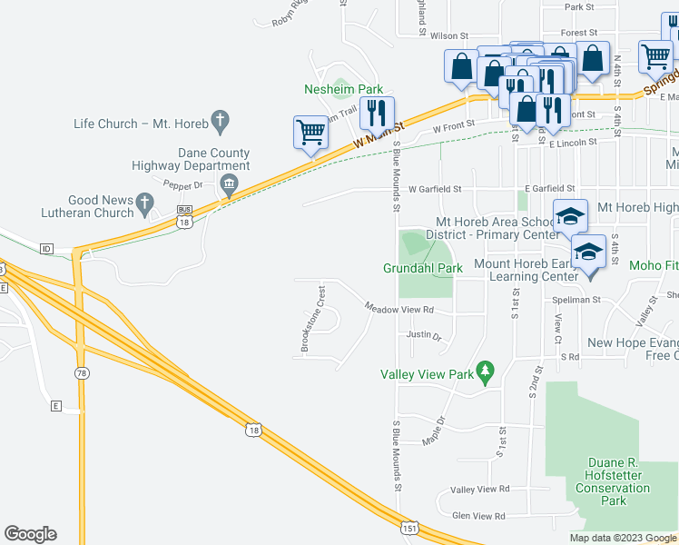 map of restaurants, bars, coffee shops, grocery stores, and more near 521 Meadow View Road in Mount Horeb