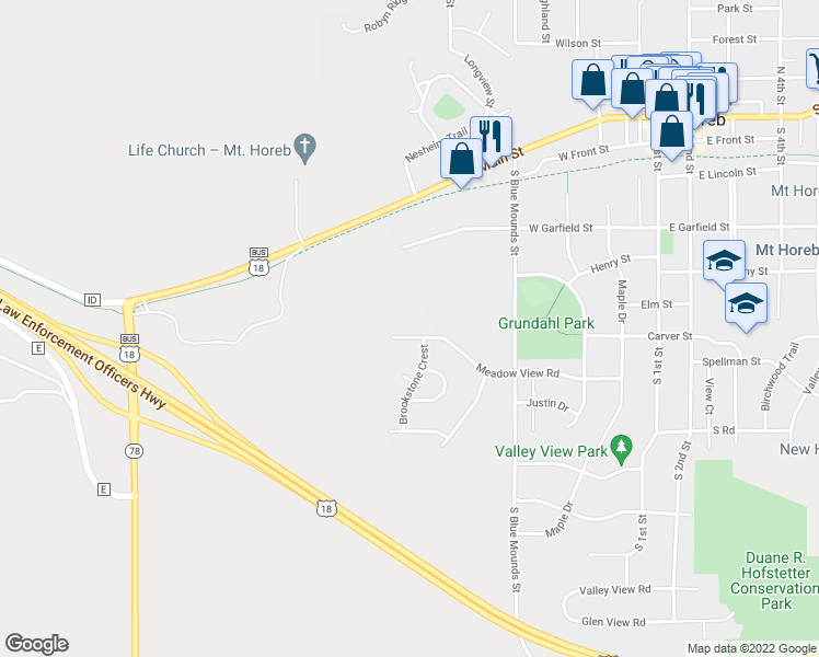map of restaurants, bars, coffee shops, grocery stores, and more near 605 Meadow View Road in Mount Horeb