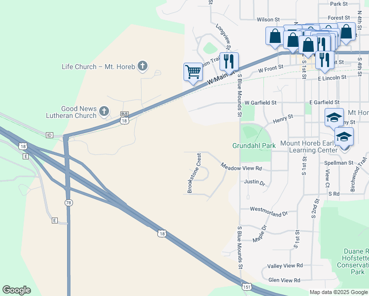 map of restaurants, bars, coffee shops, grocery stores, and more near 605 Meadow View Road in Mount Horeb