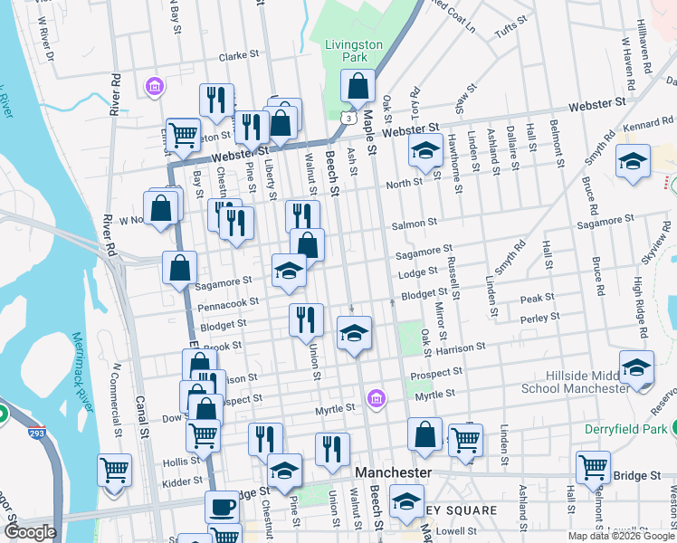 map of restaurants, bars, coffee shops, grocery stores, and more near 768 Beech Street in Manchester
