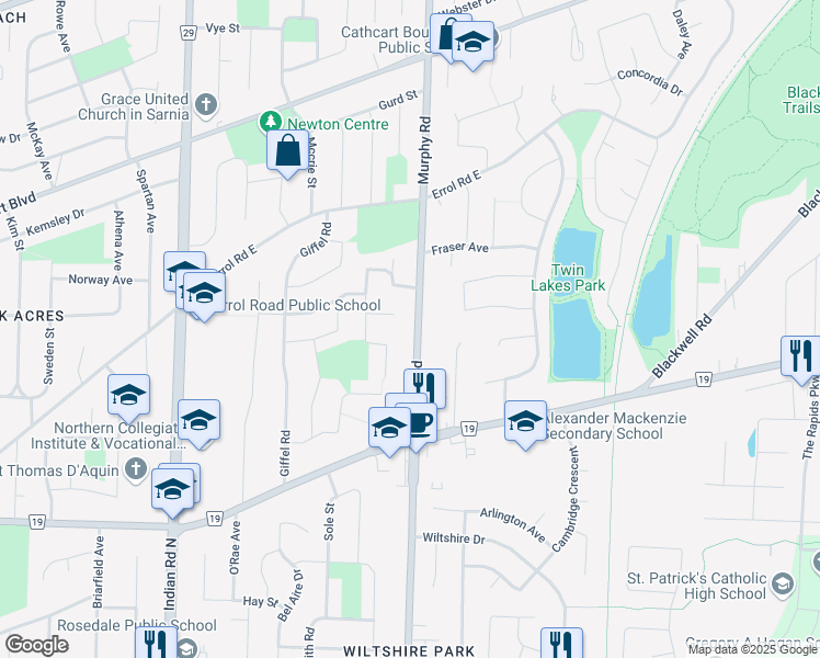 map of restaurants, bars, coffee shops, grocery stores, and more near 1371 Murphy Road in Sarnia