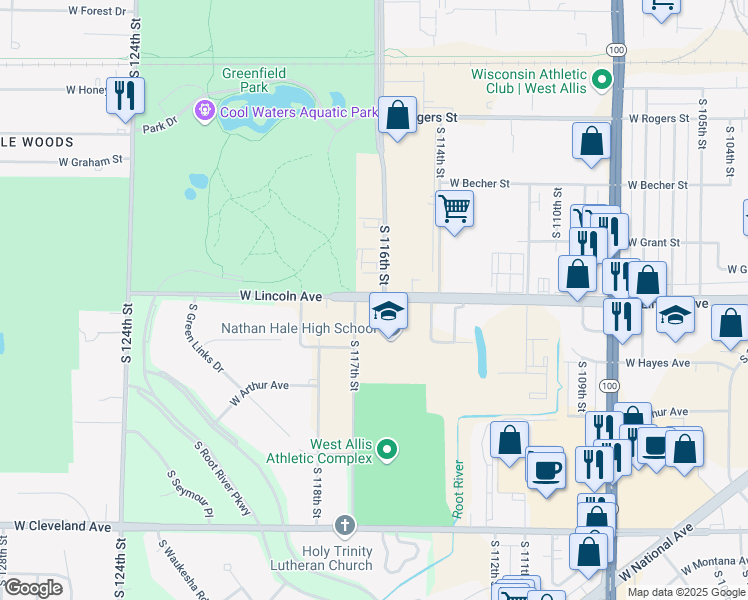 map of restaurants, bars, coffee shops, grocery stores, and more near 11601 West Lincoln Avenue in West Allis