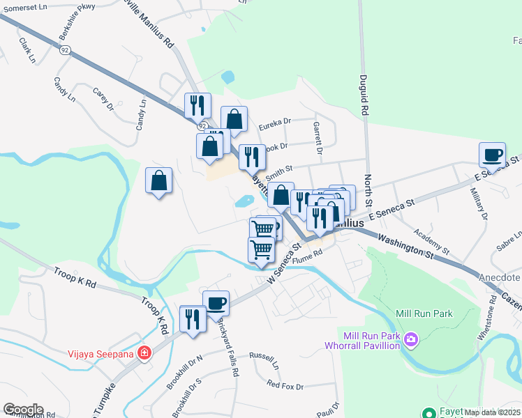 map of restaurants, bars, coffee shops, grocery stores, and more near 4 Willowbrook Drive in Manlius
