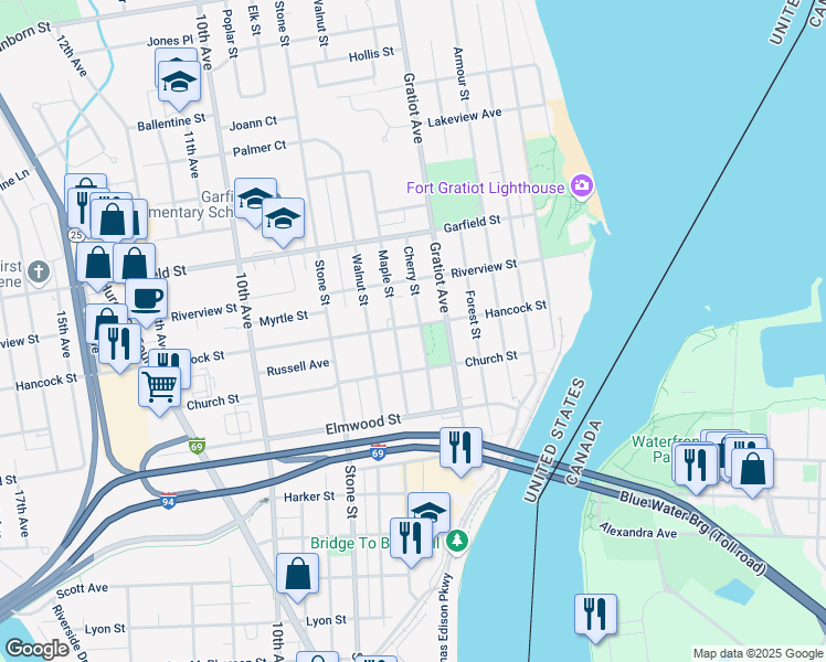 map of restaurants, bars, coffee shops, grocery stores, and more near 2528 Maple Street in Port Huron
