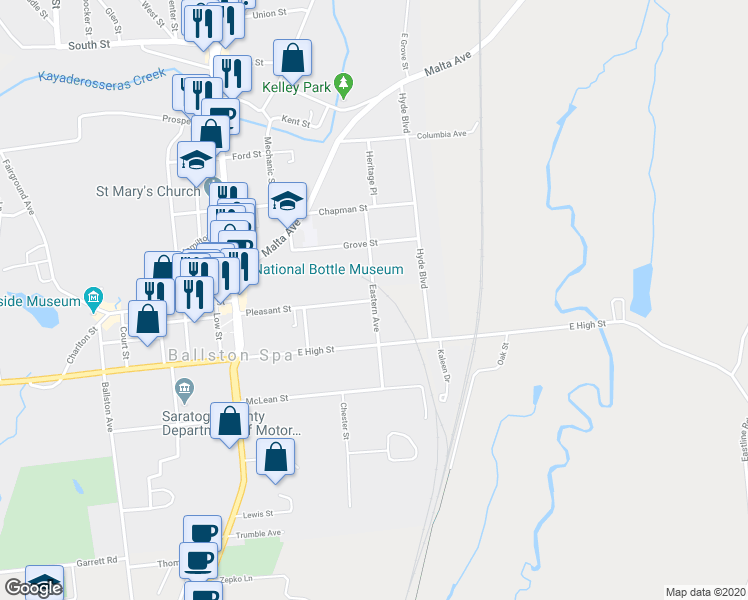 map of restaurants, bars, coffee shops, grocery stores, and more near Eastern Avenue & Pleasant Street in Ballston Spa