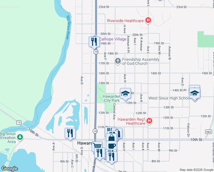 map of restaurants, bars, coffee shops, grocery stores, and more near 1416 Avenue F in Hawarden