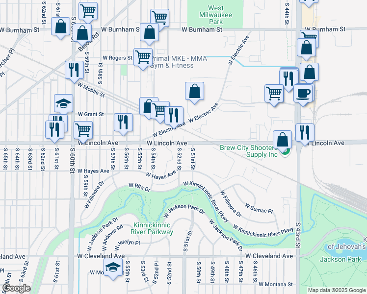 map of restaurants, bars, coffee shops, grocery stores, and more near 5125 West Lincoln Avenue in Milwaukee