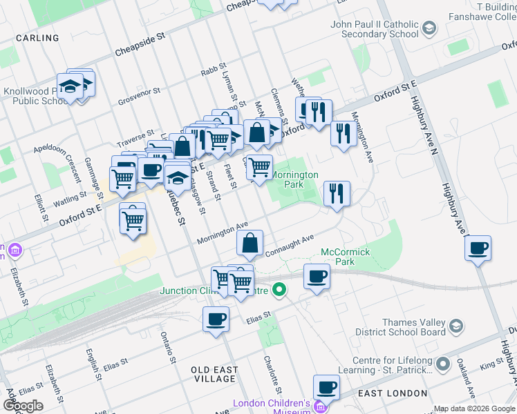 map of restaurants, bars, coffee shops, grocery stores, and more near 751 Curry Street in London