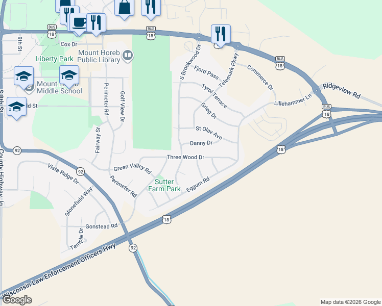 map of restaurants, bars, coffee shops, grocery stores, and more near 505 Lavern Ridge Road in Mount Horeb