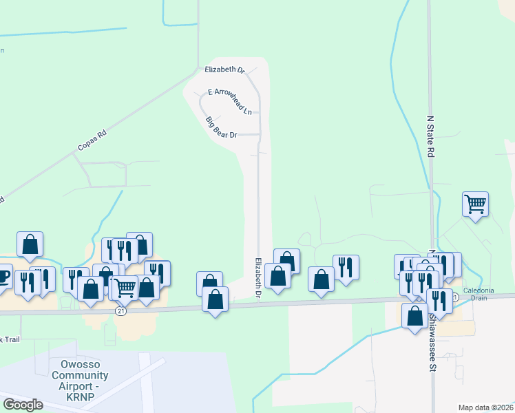 map of restaurants, bars, coffee shops, grocery stores, and more near 345 Elizabeth Drive in Owosso
