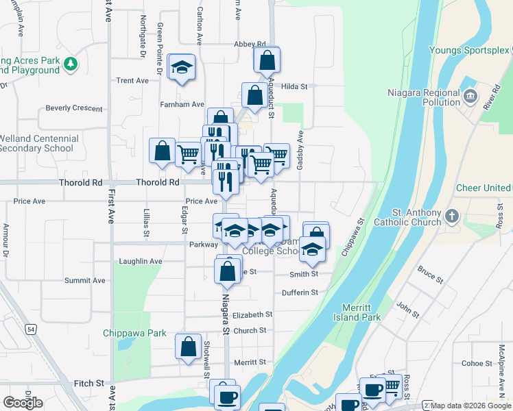 map of restaurants, bars, coffee shops, grocery stores, and more near 27 Beechwood Avenue in Welland