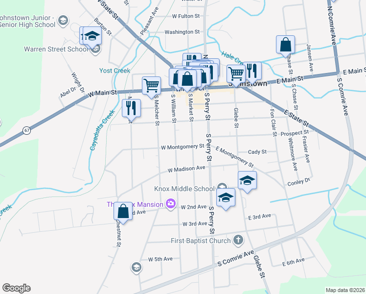 map of restaurants, bars, coffee shops, grocery stores, and more near 32 West Montgomery Street in Johnstown