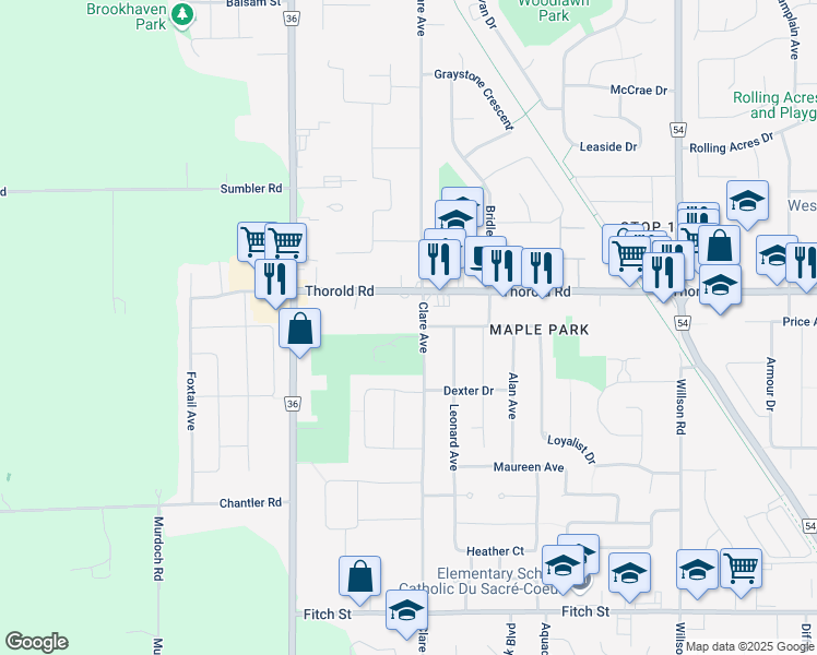map of restaurants, bars, coffee shops, grocery stores, and more near 579 Clare Avenue in Welland