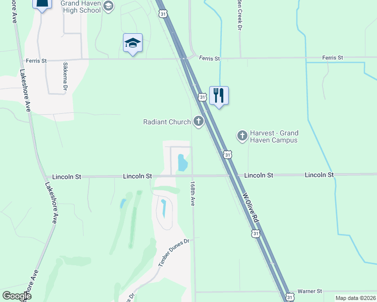 map of restaurants, bars, coffee shops, grocery stores, and more near 16804 Watersedge Drive in Grand Haven