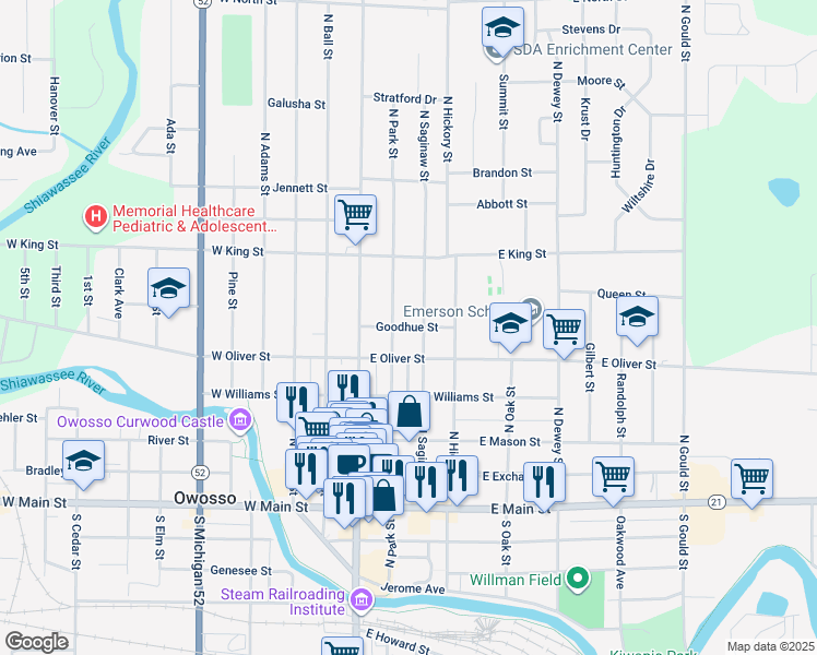 map of restaurants, bars, coffee shops, grocery stores, and more near Goodhue Street in Owosso