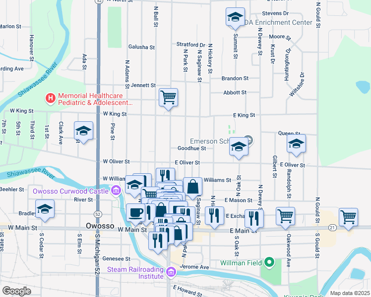 map of restaurants, bars, coffee shops, grocery stores, and more near Goodhue Street in Owosso