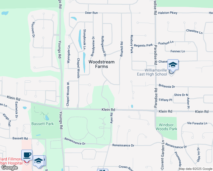 map of restaurants, bars, coffee shops, grocery stores, and more near 35 Knollwood Lane in Williamsville