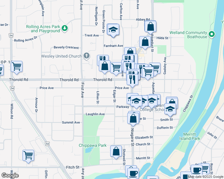 map of restaurants, bars, coffee shops, grocery stores, and more near in Welland