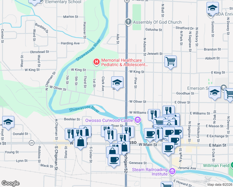 map of restaurants, bars, coffee shops, grocery stores, and more near 701 West Oliver Street in Owosso