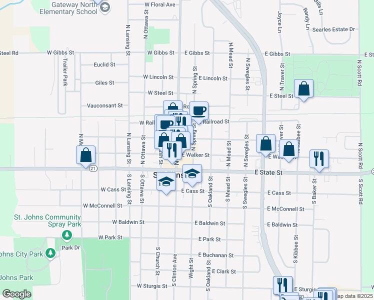 map of restaurants, bars, coffee shops, grocery stores, and more near 116 North Clinton Avenue in Saint Johns