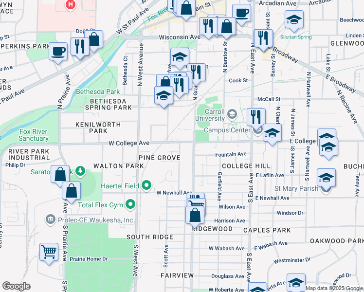 map of restaurants, bars, coffee shops, grocery stores, and more near 129 Hinman Avenue in Waukesha