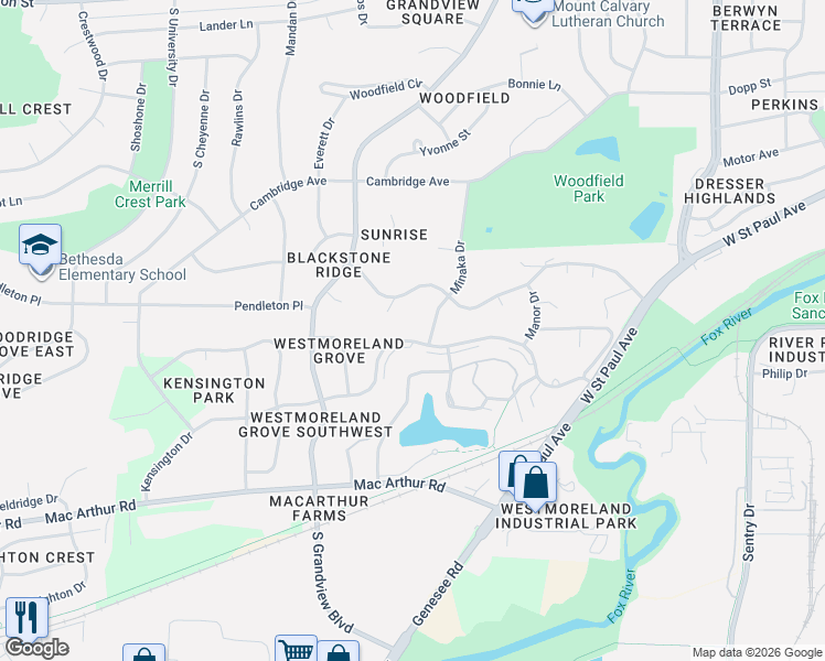 map of restaurants, bars, coffee shops, grocery stores, and more near 2115 Kensington Drive in Waukesha