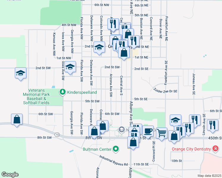 map of restaurants, bars, coffee shops, grocery stores, and more near 400 Arizona Avenue Southwest in Orange City