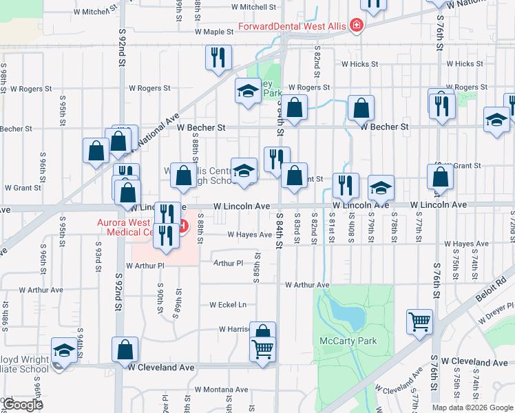 map of restaurants, bars, coffee shops, grocery stores, and more near 8516 West Lincoln Avenue in West Allis