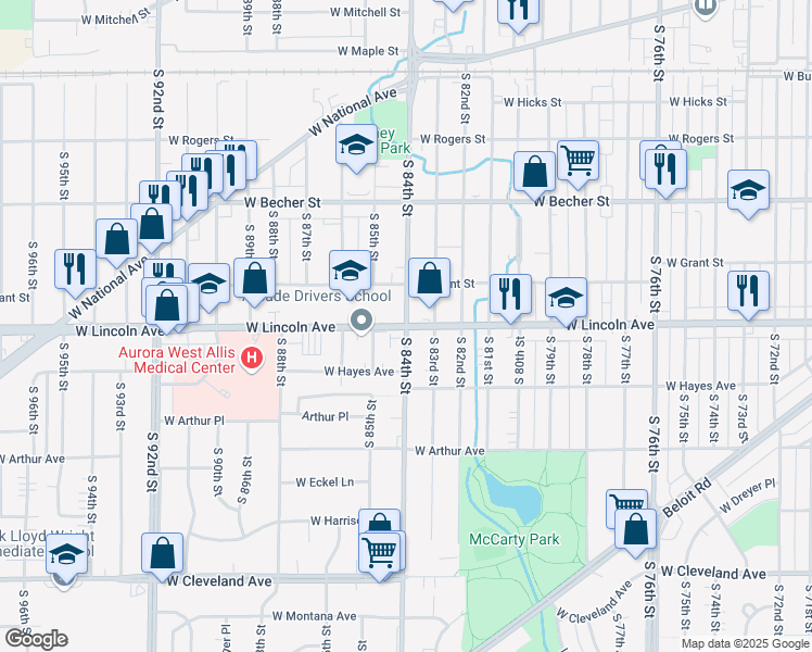map of restaurants, bars, coffee shops, grocery stores, and more near W Lincoln Ave & S 84th St in West Allis