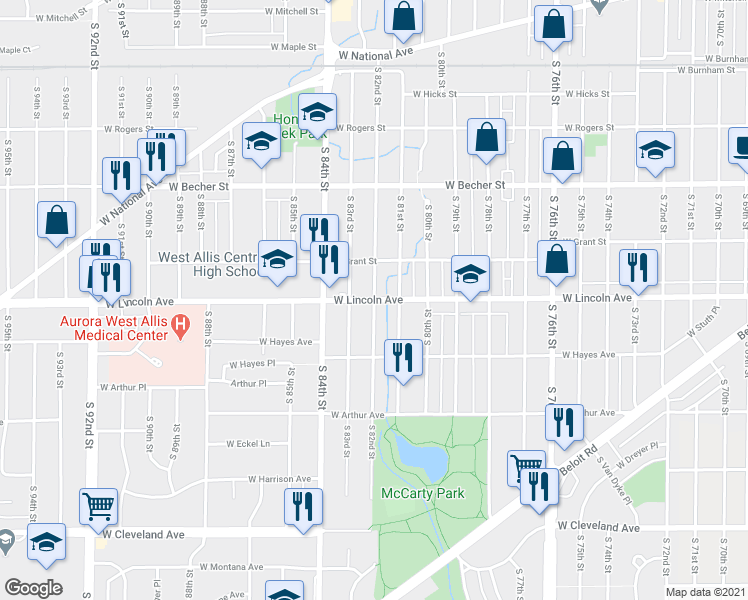map of restaurants, bars, coffee shops, grocery stores, and more near South 82nd Street in West Allis