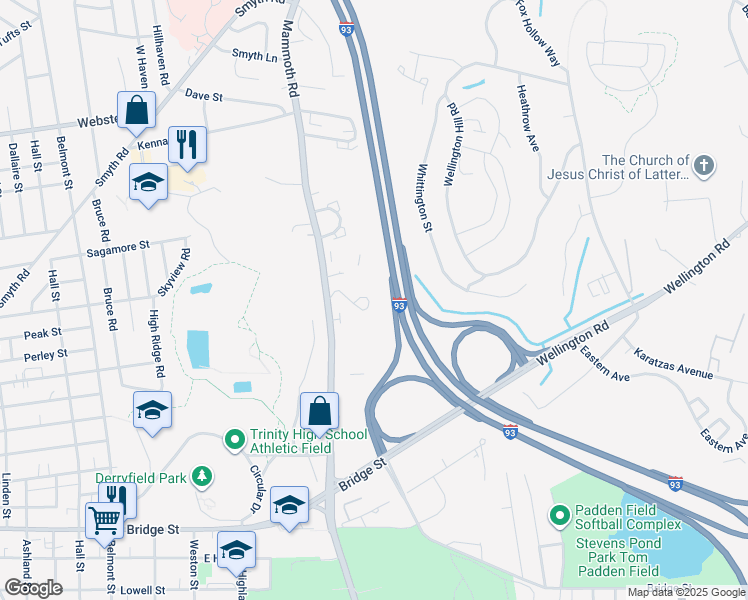 map of restaurants, bars, coffee shops, grocery stores, and more near Interstate 93 in Manchester