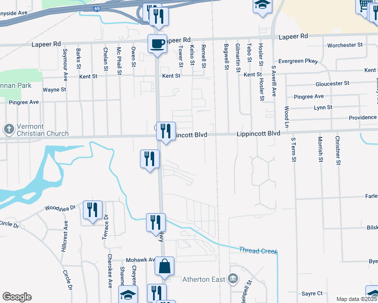 map of restaurants, bars, coffee shops, grocery stores, and more near 2442 Lippincott Boulevard in Flint