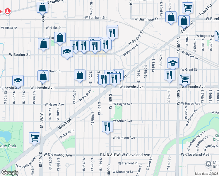 map of restaurants, bars, coffee shops, grocery stores, and more near W Beloit Rd & S 68th St in West Allis