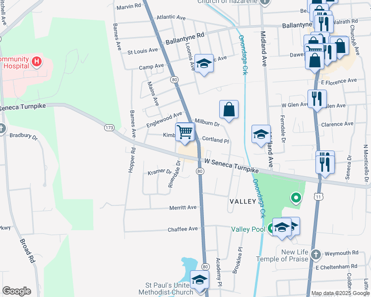 map of restaurants, bars, coffee shops, grocery stores, and more near 434 West Seneca Turnpike in Syracuse
