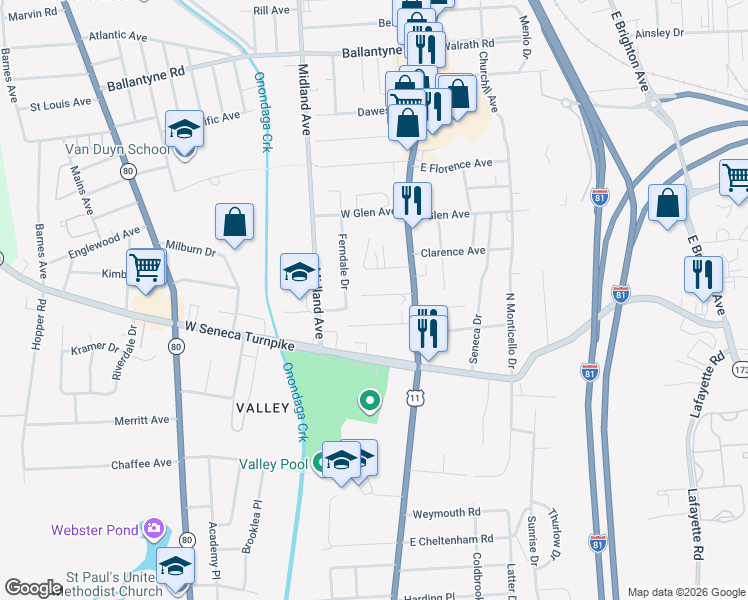 map of restaurants, bars, coffee shops, grocery stores, and more near 153 Minerva Street in Syracuse