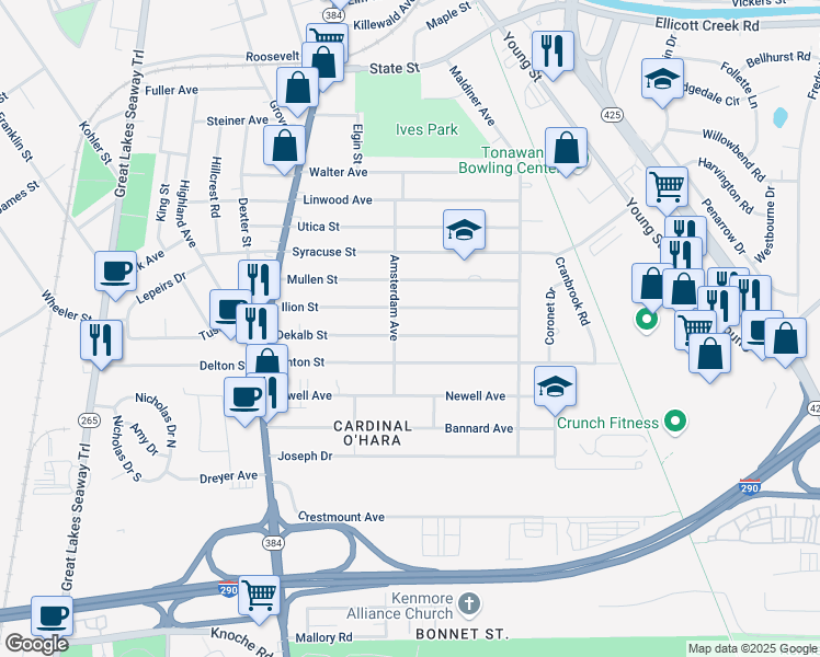 map of restaurants, bars, coffee shops, grocery stores, and more near 147 Dekalb Street in Tonawanda
