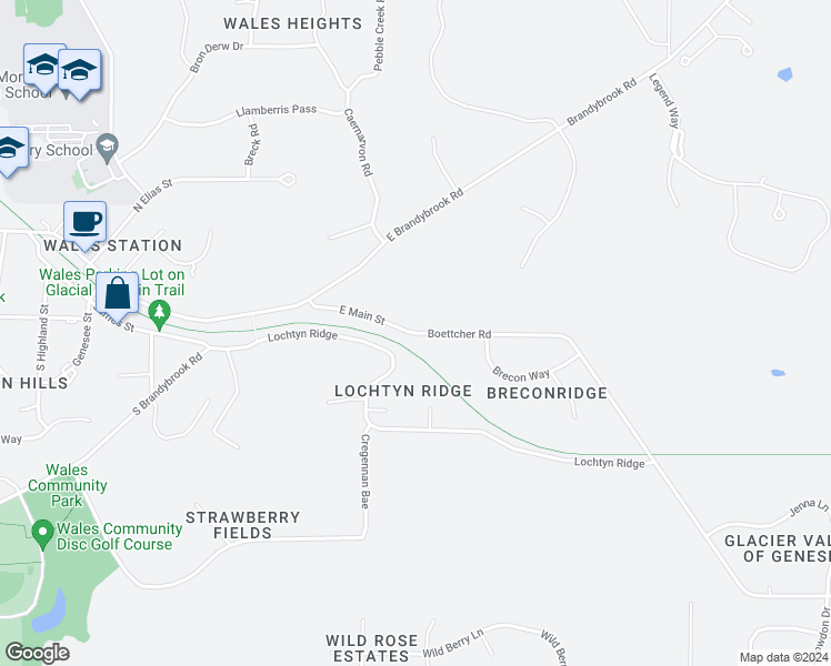 map of restaurants, bars, coffee shops, grocery stores, and more near 1234 East Main Street in Wales