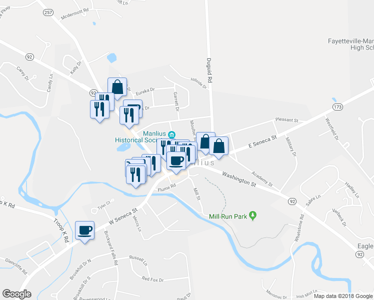 map of restaurants, bars, coffee shops, grocery stores, and more near 206 Pleasant Street in Manlius