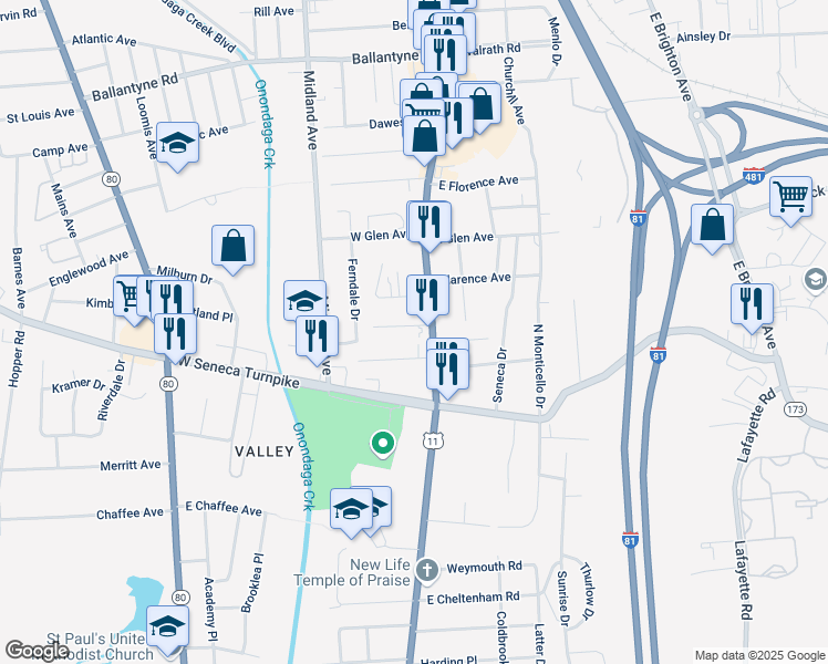 map of restaurants, bars, coffee shops, grocery stores, and more near 4510 South Salina Street in Syracuse