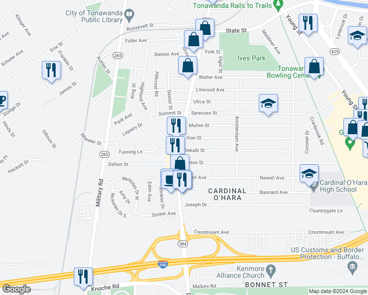 map of restaurants, bars, coffee shops, grocery stores, and more near 567 Delaware Street in Tonawanda