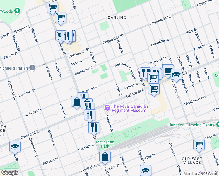 map of restaurants, bars, coffee shops, grocery stores, and more near 678 Saint James Street in London